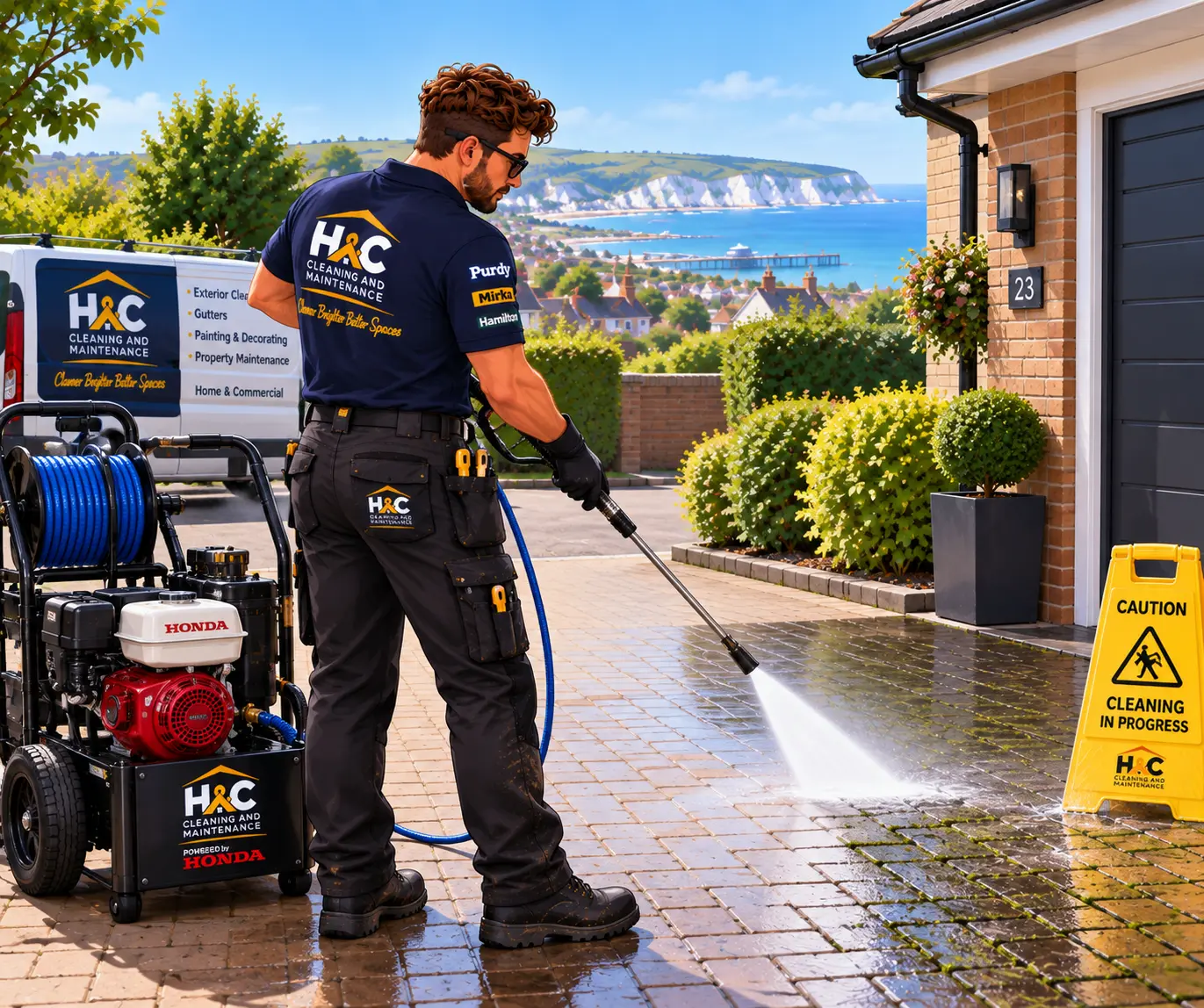 Matt pressure washing a block-paved driveway