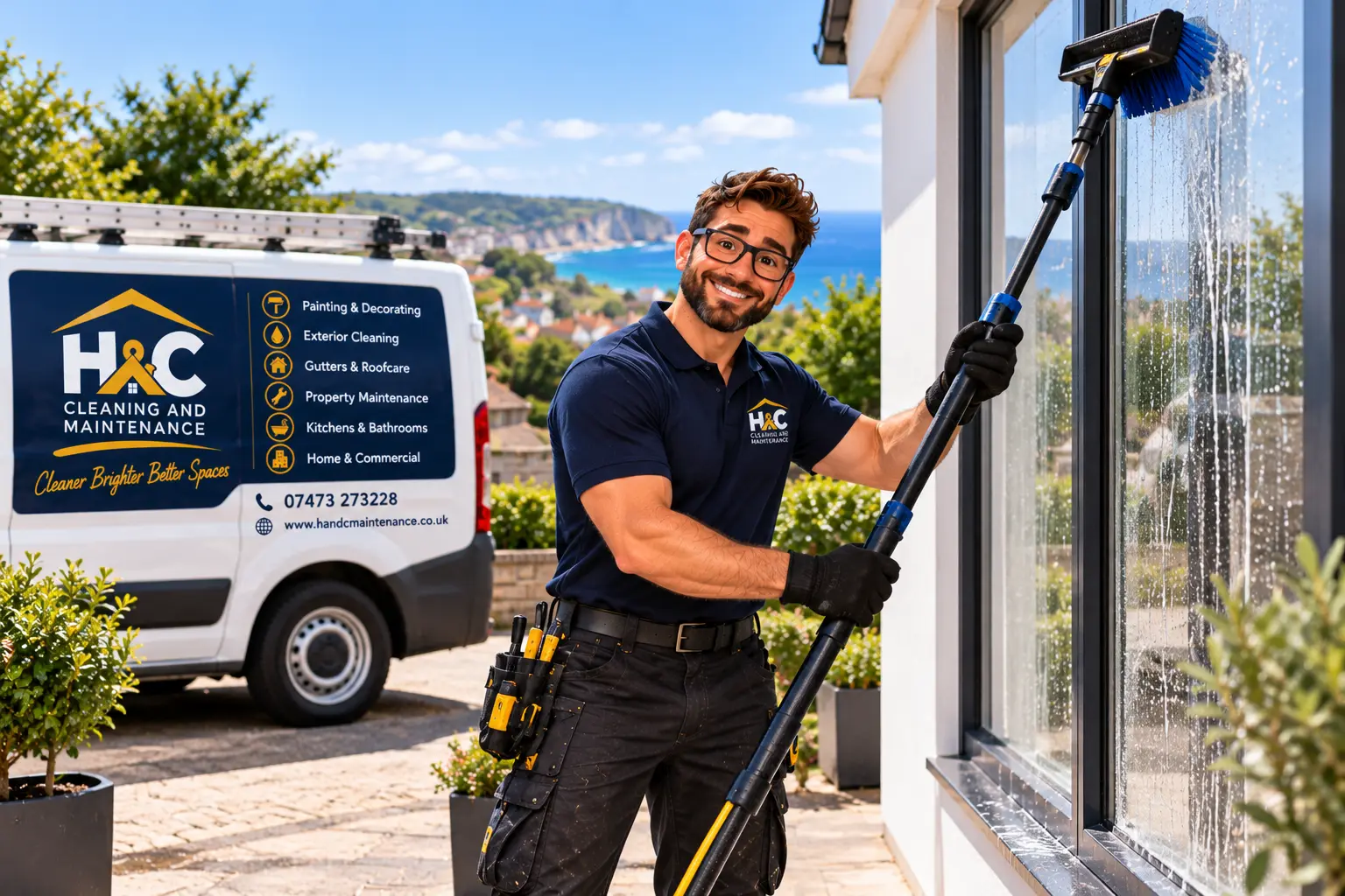 Matt cleaning windows with a pure-water pole system