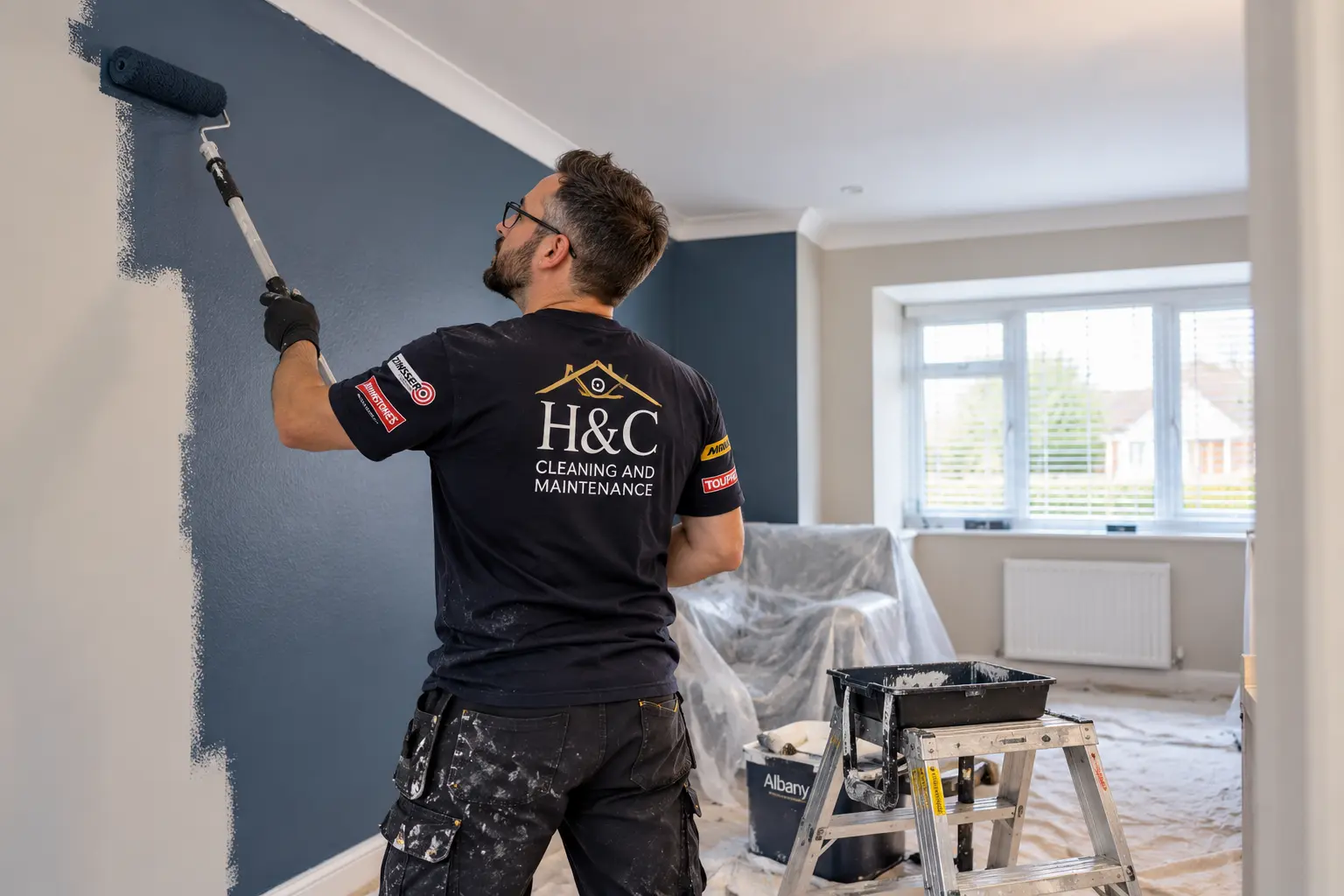 Matt rolling a deep blue feature wall in a sheeted-up room
