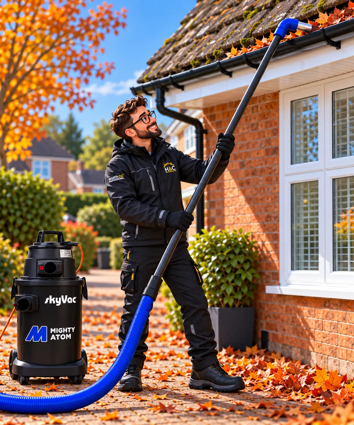 Matt clearing gutters from the ground with a high-reach gutter vacuum