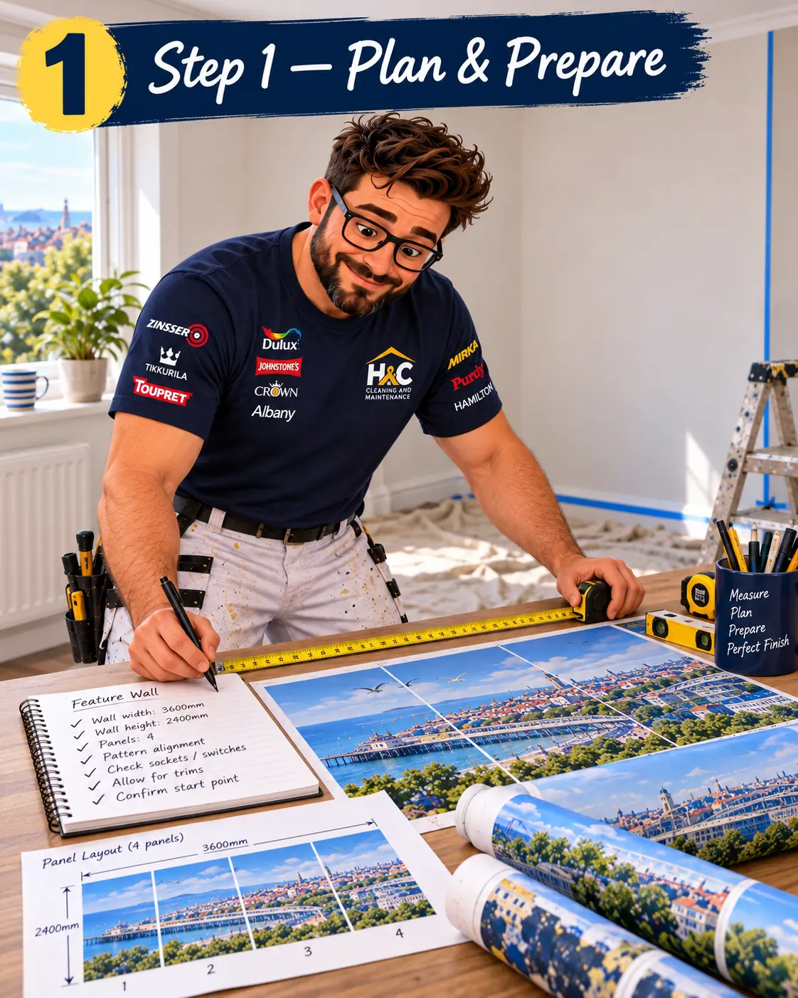 Matt planning a wall mural at a table with a tape measure, layout sheets and mural rolls